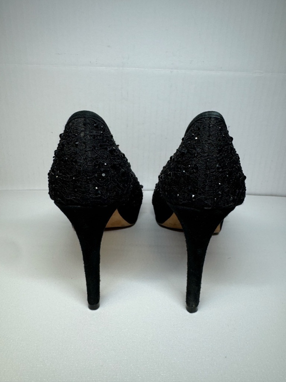 Antonio Melani Black Lace Sparkle Embellished Peep Toe Heels Pumps Size 7.5